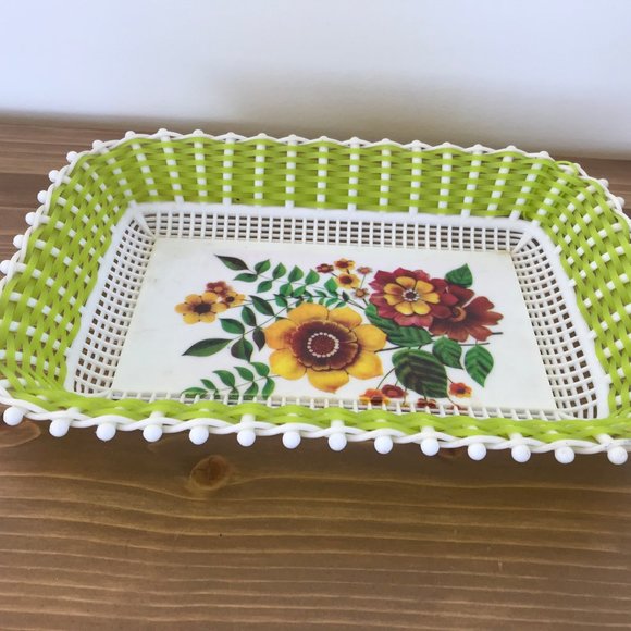 Vtg Mid Century Modern Plastona Green Floral Plastic Basket 11-1/2" Tray Greece - Picture 1 of 5